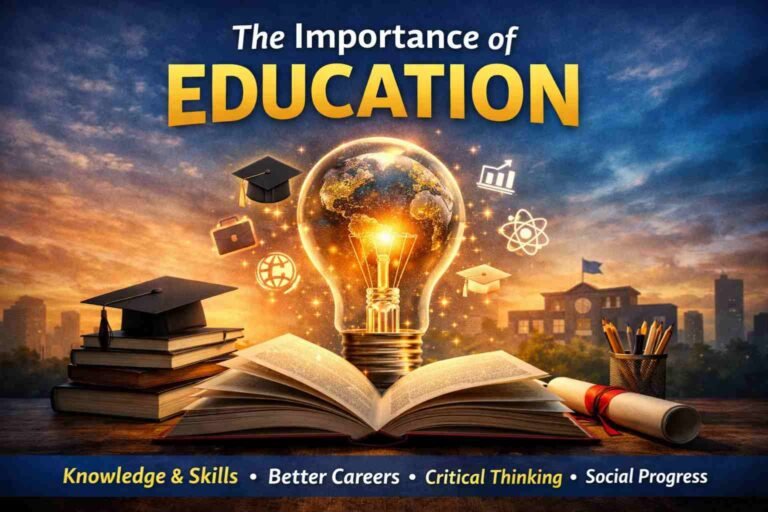 Featured image for Importance of Education article showing an open book and glowing lightbulb with a world inside, symbolizing knowledge, skills, critical thinking, and career growth.