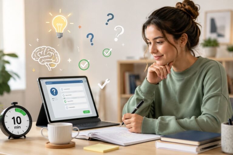 Student using a laptop quiz with a 10-minute timer, notebook, and memory icons to show the 10-minute quiz method for improving focus and learning.