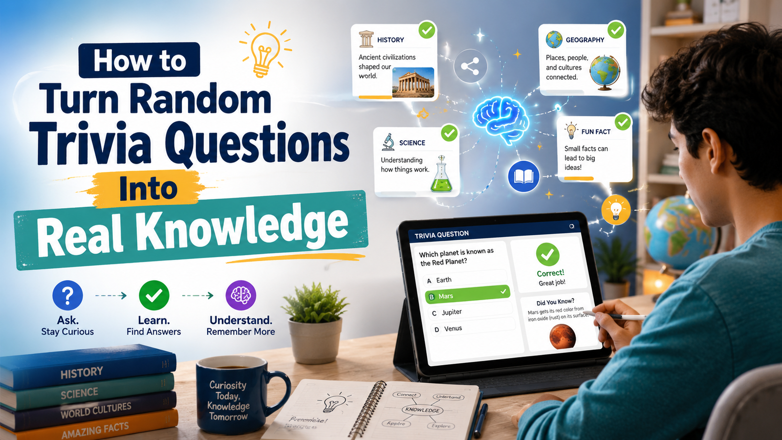 A student uses a tablet to answer a trivia quiz while books, a globe, question cards, checkmarks, and learning icons show how random trivia questions can turn into real knowledge, memory improvement, and curiosity-based learning.