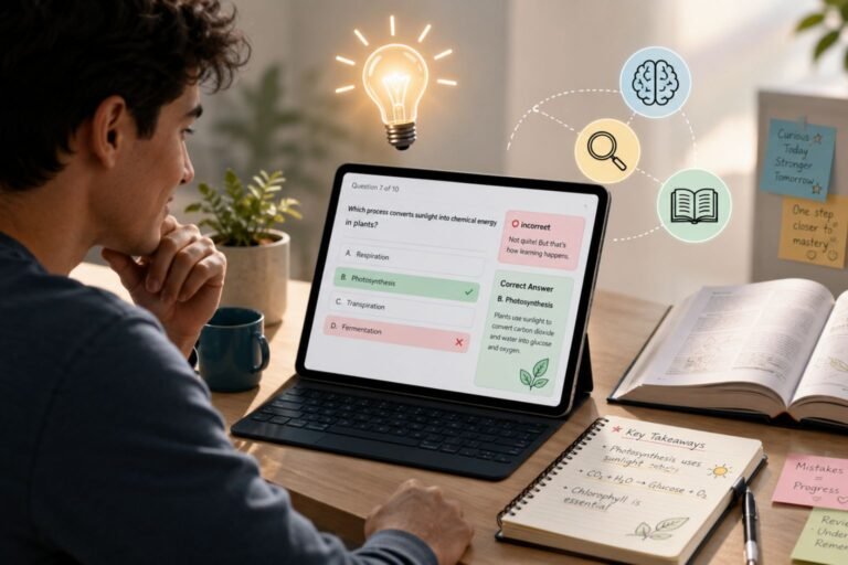 Student reviewing wrong quiz answers on a laptop with an open textbook and notes, showing how mistakes improve memory and learning through quizzes.