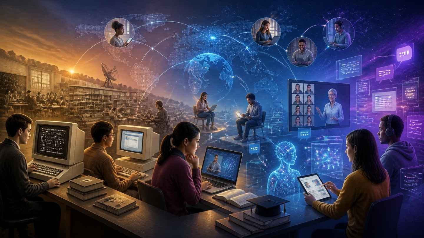 History of online education showing the evolution from early computer-assisted learning to modern online courses, MOOCs and virtual classrooms