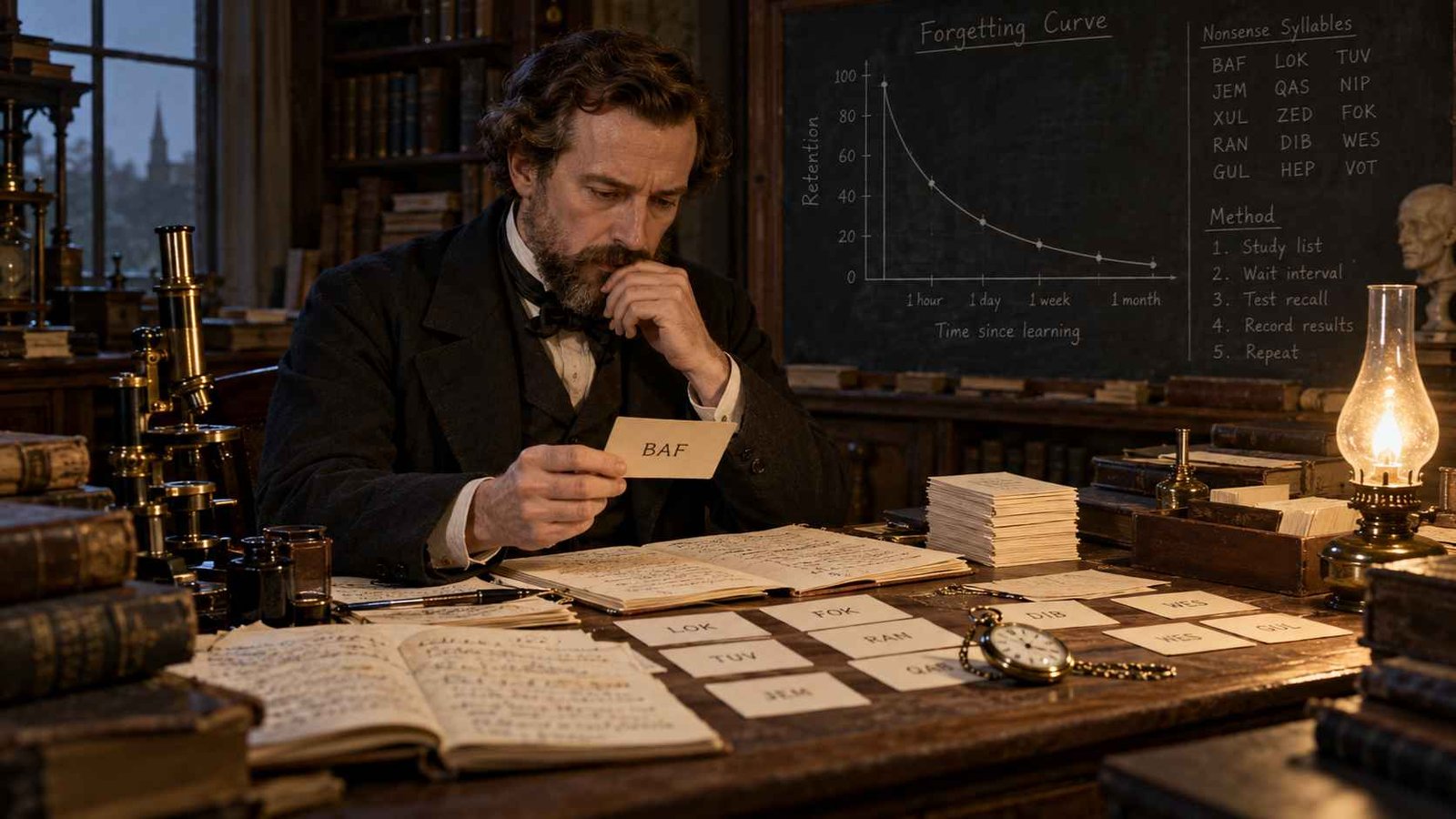 A 19th-century scientist studying nonsense syllables to measure how memory fades over time, known as the forgetting curve