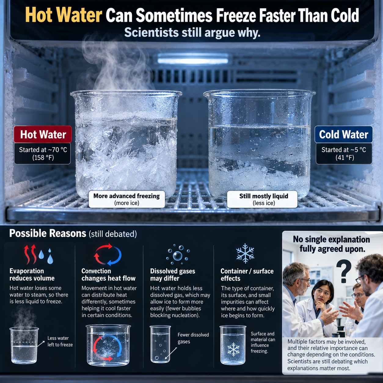 Hot water and cold water side by side illustrating the Mpemba effect, the idea that hot water can sometimes freeze faster than cold