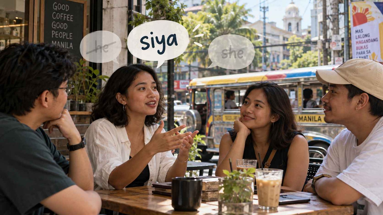 Illustration of the Filipino gender-neutral pronoun siya, used for both he and she