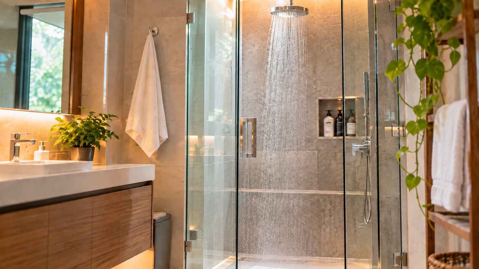 Luxurious tiled shower whose hard, smooth walls reflect sound and give voices a natural echo.