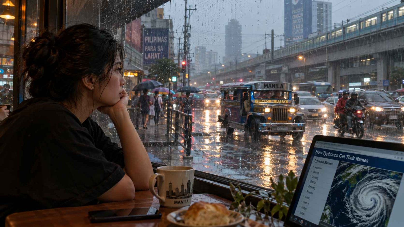 A Rainy Day in Manila Heavy rain falling on a busy street in Manila during the typhoon season
