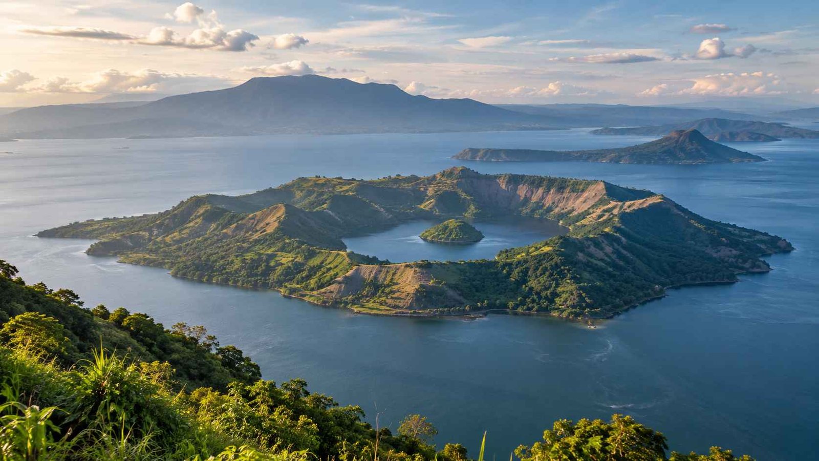 Taal Volcano's Main Crater Lake with Vulcan Point, an island in a lake on an island in a lake on an island in Batangas, Philippines