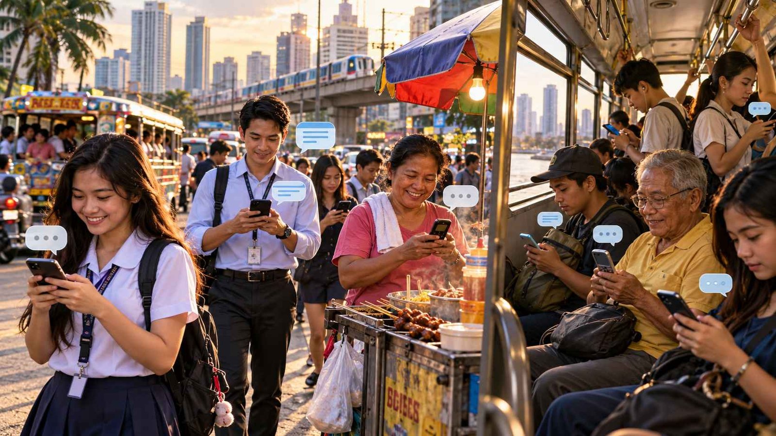 Filipinos texting on mobile phones, showing how the Philippines became the texting capital of the world