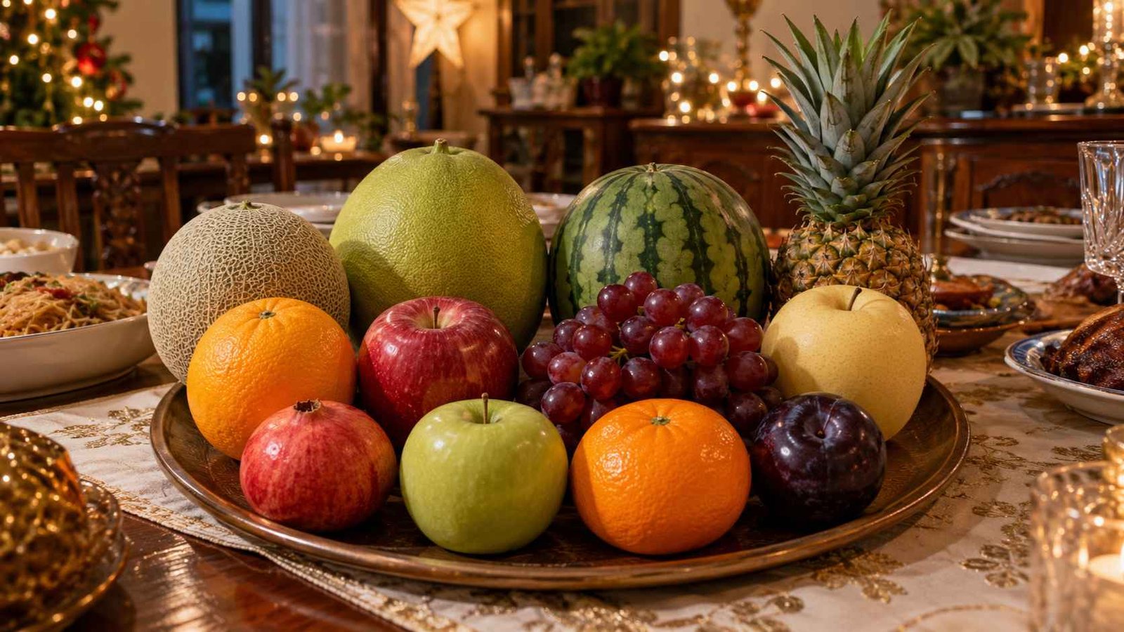 Twelve kinds of round fruits arranged on a table for a Filipino New Year's Eve Media Noche celebration